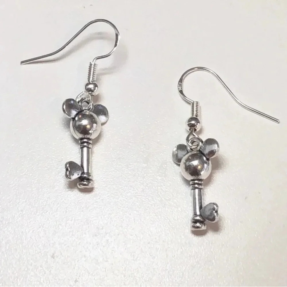 3 for $25/ Silver Mickey Mouse Key Disney Handmade Drop Earrings